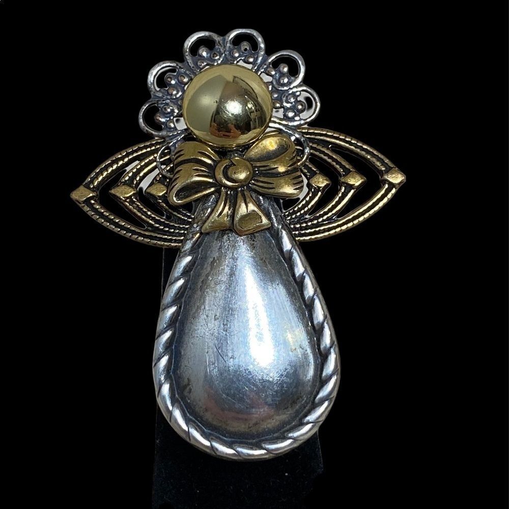 Creations by Kat Angel pin brooch silver and brass mixed metals handcrafted